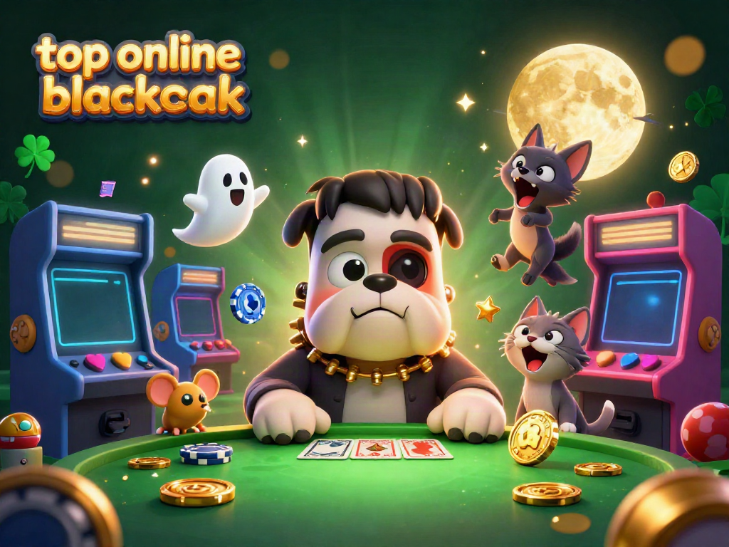 Play top online blackjack with a cartoon Frankenstein bulldog dealer and spooky casino elements.