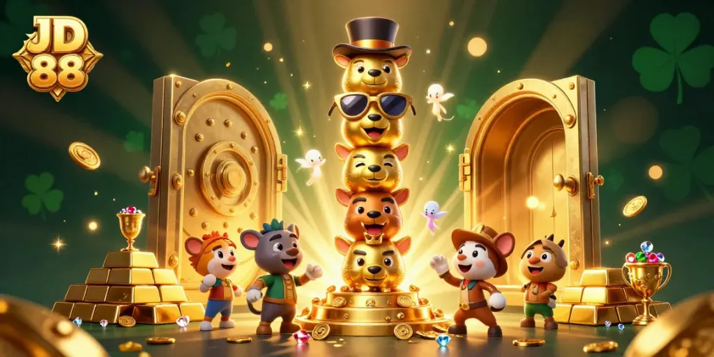Experience thrilling jackpot moments at JD 88 with a vibrant 3D casino scene filled with treasures and excitement.