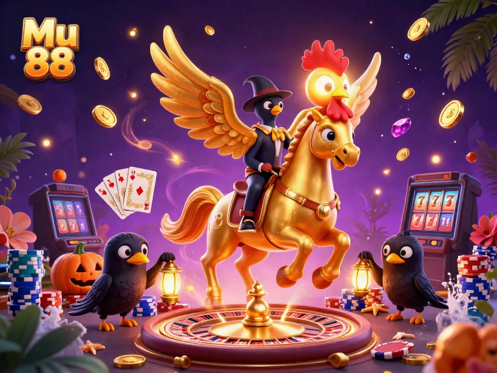 Mu 88's golden rooster character engages players in a vibrant casino scene, filled with gold coins and excitement.