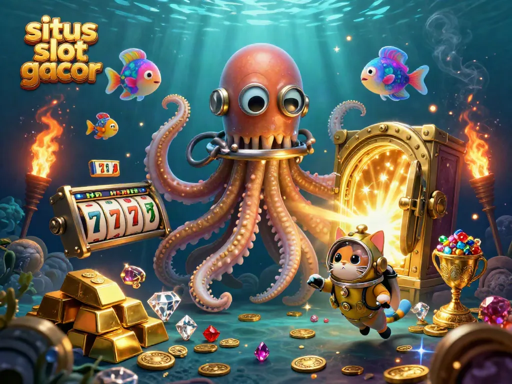 Engage in immersive slots with situs slot gacor surrounded by a kraken and treasures in dynamic underwater scene.