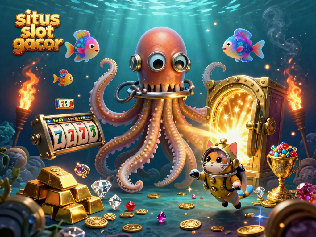 Engage in immersive slots with situs slot gacor surrounded by a kraken and treasures in dynamic underwater scene.