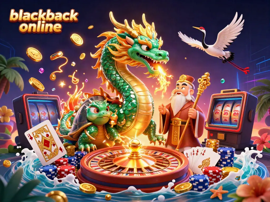 Experience blackjack online with a dragon and turtle sage amidst vibrant casino elements.