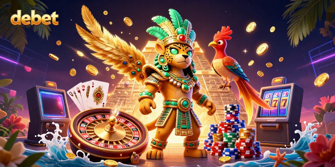 Engage with Debet's vibrant gaming atmosphere featuring Mayan themes, roulette, and festive colors.