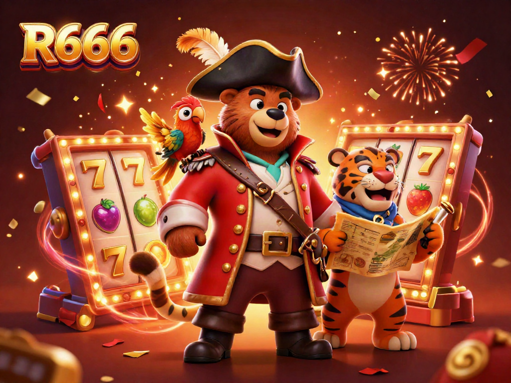 Engage with R666's vibrant casino scene featuring pirates and slot machine adventures.