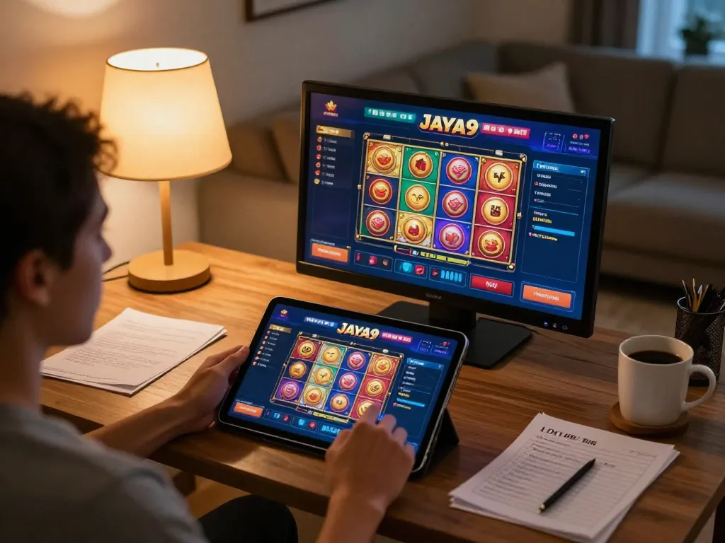 Engaged player using JAYA9 casino interface on tablet in comfortable home setting.