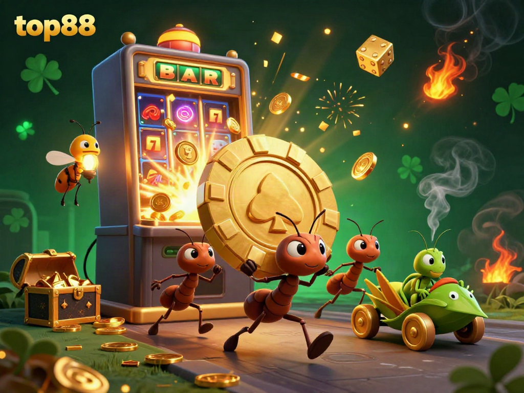 Engage in thrilling gameplay with top88 featuring ants on a heist for a giant poker chip amidst a vibrant casino explosion.