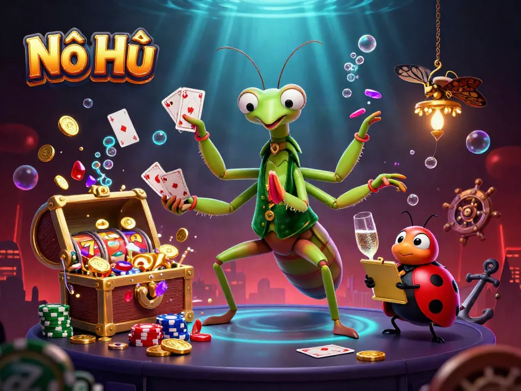 Nổ Hũ scene with a giant mantis card sharp and ladybug pit boss excitingly dealing cards and gold coins