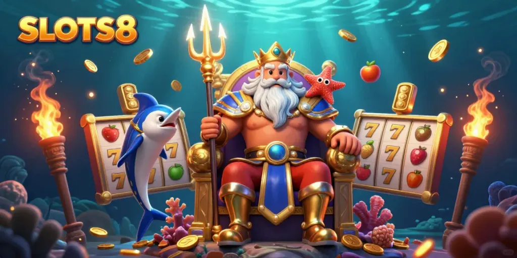 SLOTS8 showcases an underwater casino scene with Neptune, slot reels, and treasure elements.