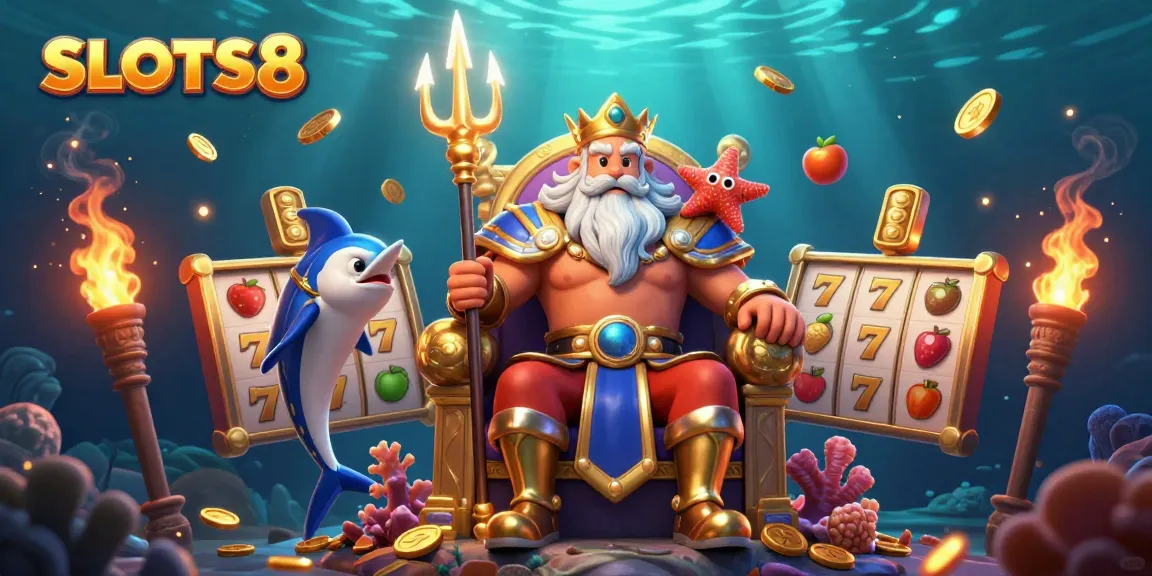 SLOTS8 showcases an underwater casino scene with Neptune, slot reels, and treasure elements.