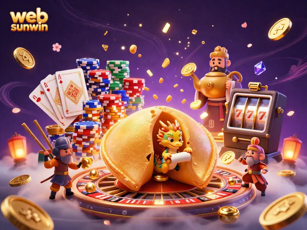Spin to win big with web sunwin's magical casino adventure featuring golden fortune cookies and vibrant gaming elements.