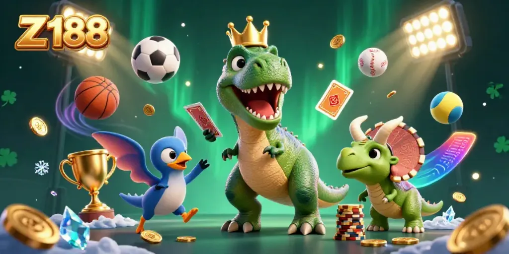 Experience thrilling gaming visuals with Z 188 showcasing a T-Rex and friends at a vibrant casino.