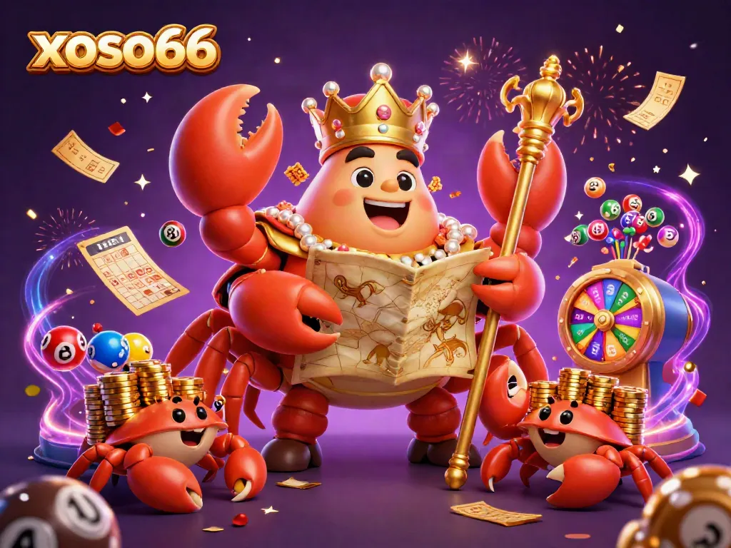 Engage with xoso66 in a vibrant lottery scene featuring a golden crab emperor, colorful balls, and dynamic energy.