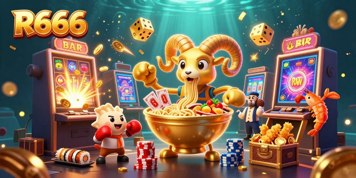 Experience R666 with a dynamic casino scene featuring playful characters and vibrant gaming elements.