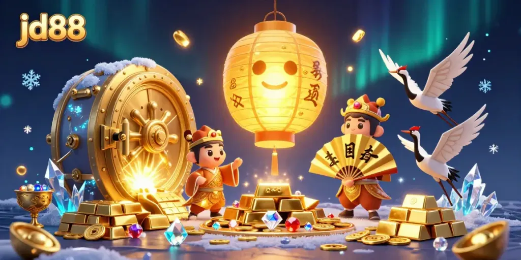Engage with the vibrant casino world of jd88 featuring a golden lantern spirit, treasures, and dynamic gaming elements.