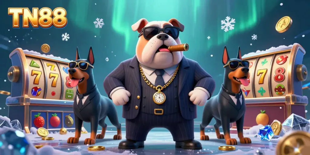Join the TN88 casino adventure with a mafia bulldog and his Doberman bodyguards amid vibrant gaming elements.