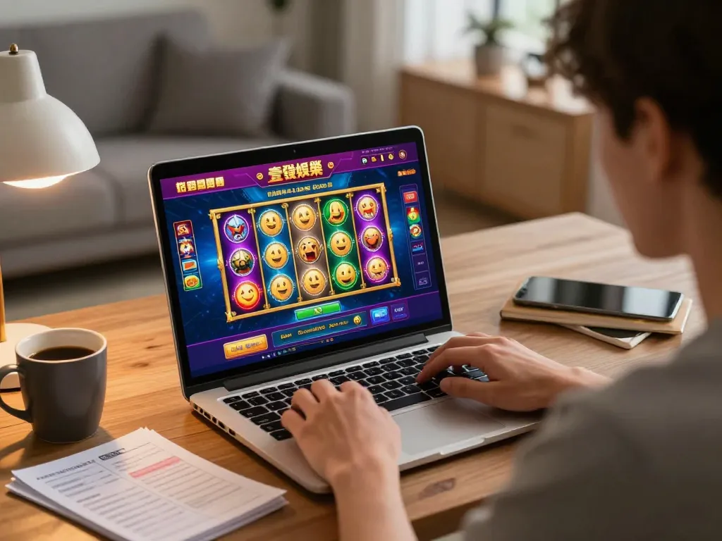 Player enjoying slot games at 壹發娛樂 online casino on a laptop, showcasing a cozy gaming environment.