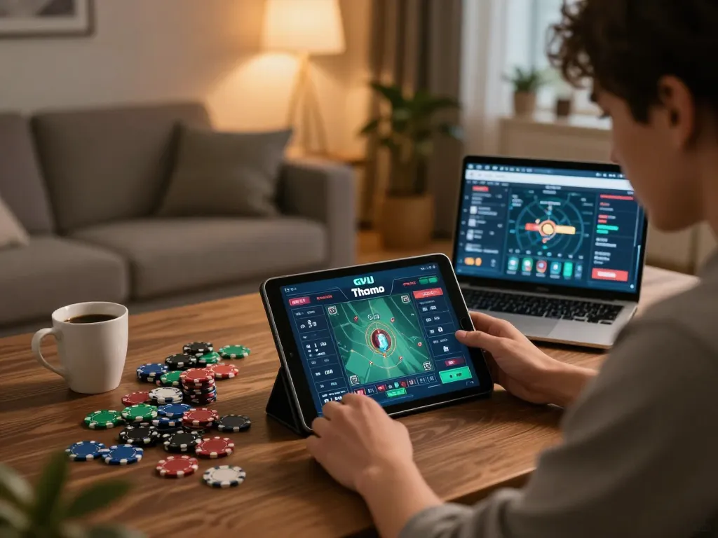 Engaging online gaming with GVUI Thomo on a tablet, showcasing exciting gameplay and responsible gambling.
