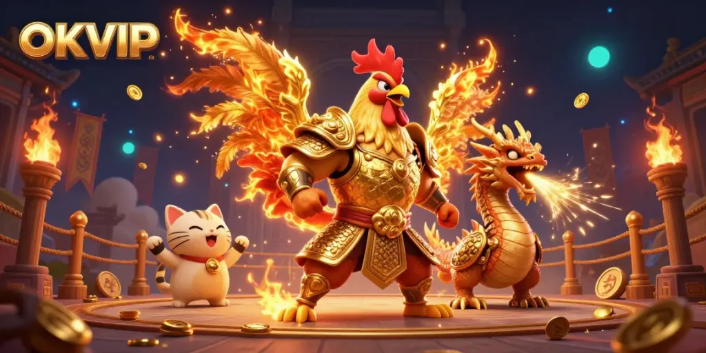 Experience the excitement of OKVIP with a dynamic scene of heroic characters in a thrilling gambling arena.