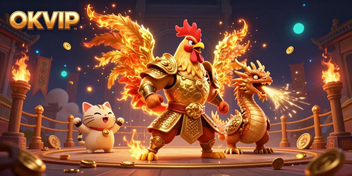 Experience the excitement of OKVIP with a dynamic scene of heroic characters in a thrilling gambling arena.
