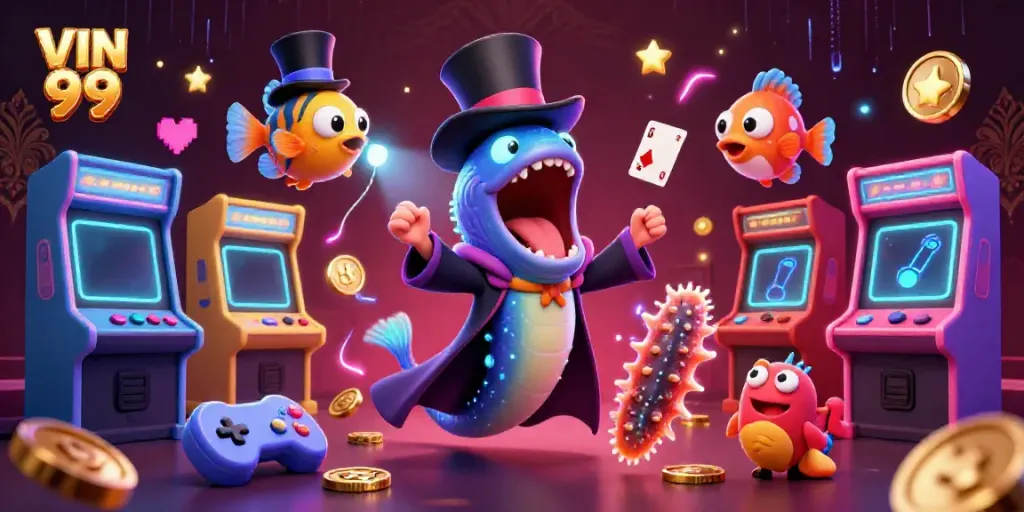 Experience thrilling gaming at VIN 99 with unique characters and vibrant arcade themes.