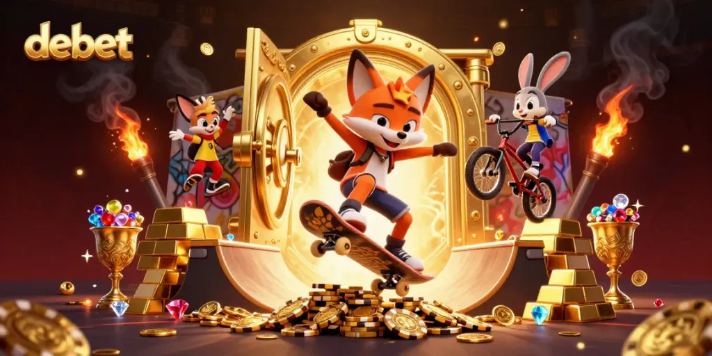 Experience the excitement of debet with vibrant characters in a casino-themed illustration.