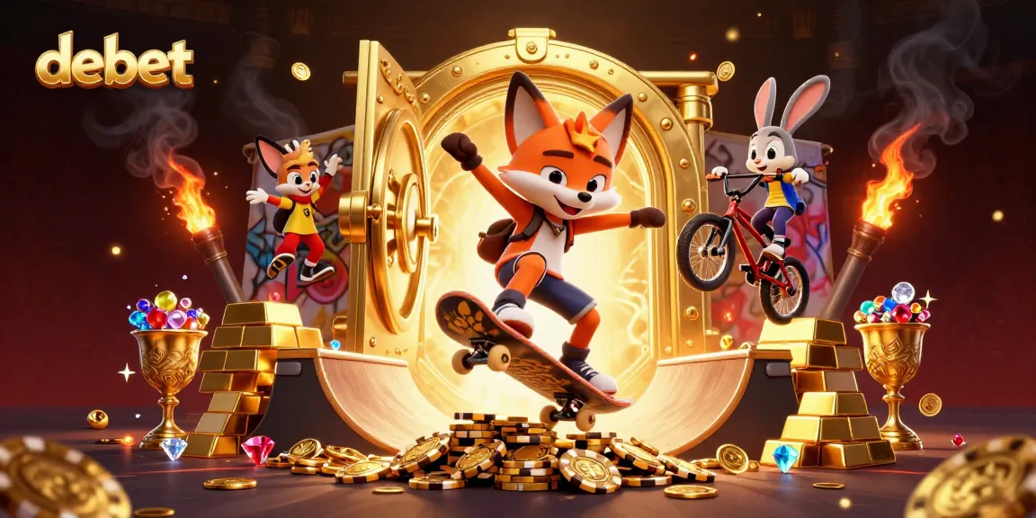 Experience the excitement of debet with vibrant characters in a casino-themed illustration.