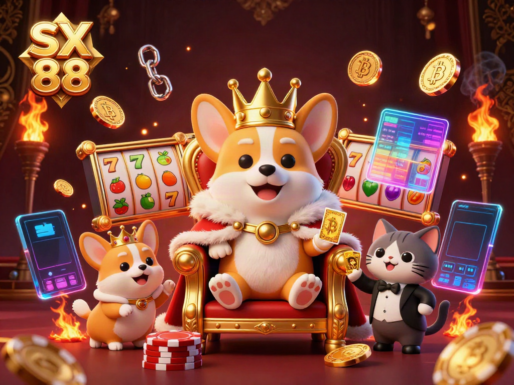 Experience the luxury gaming atmosphere at SX 88 with a cartoon corgi king in a lively casino scene.