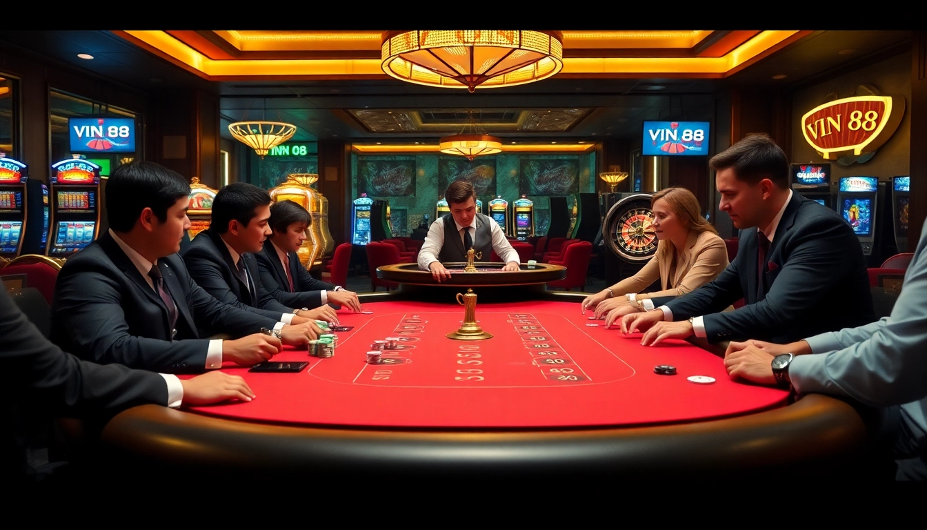 Experience thrilling gaming at VIN 88 casino with vibrant poker tables and slot machines.