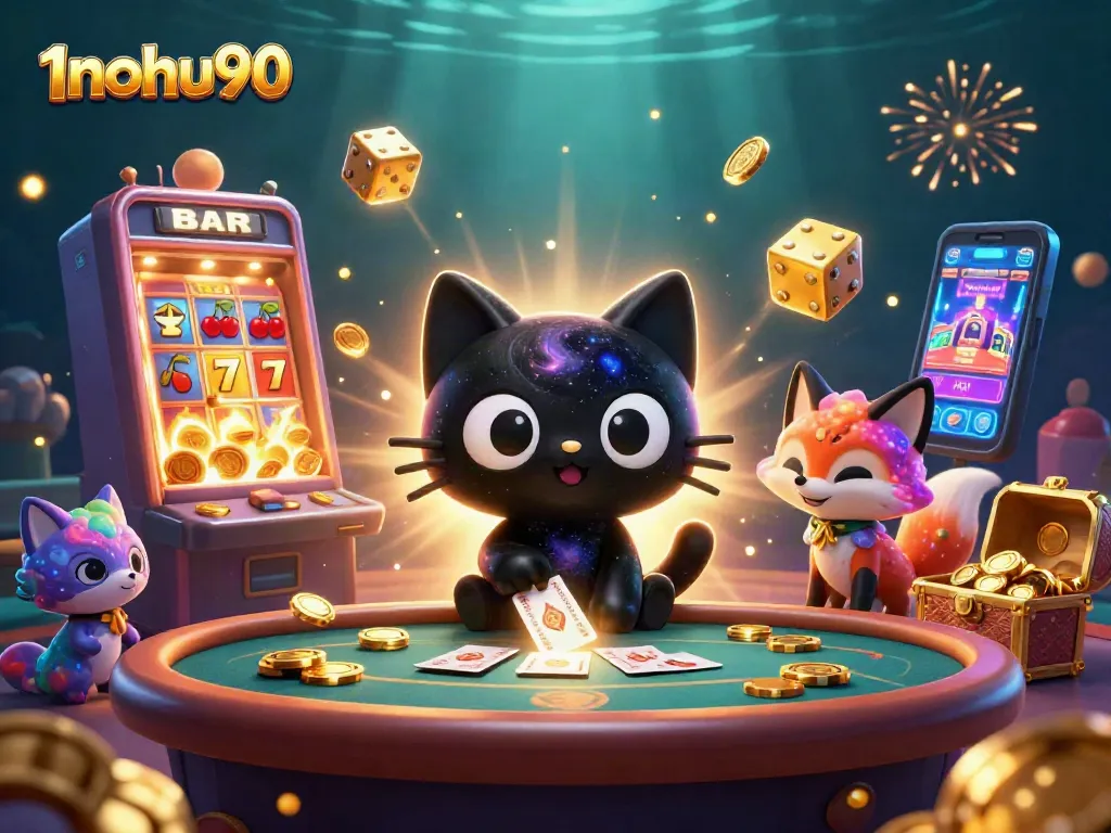 Join the excitement at 1nohu90 with a cosmic casino scene featuring jackpot wins and vibrant game elements!