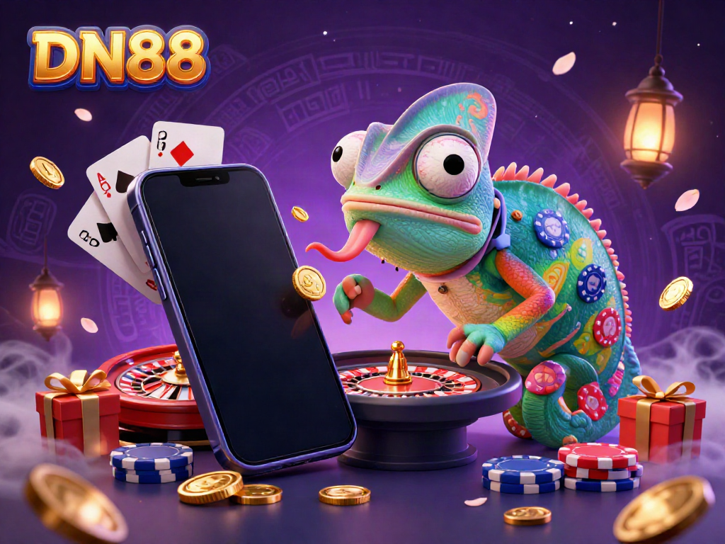 Experience thrilling gaming action at DN88 with a colorful casino scene featuring dynamic characters.