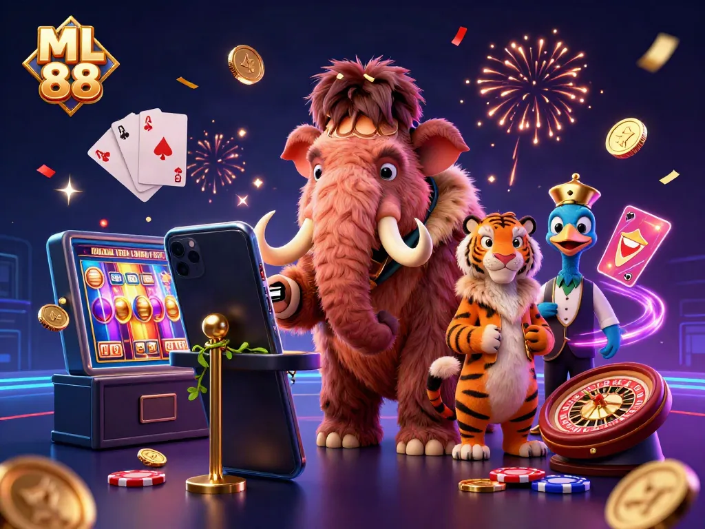 Experience the luxury and excitement of ML 88 with cartoon characters celebrating in a vibrant casino scene.