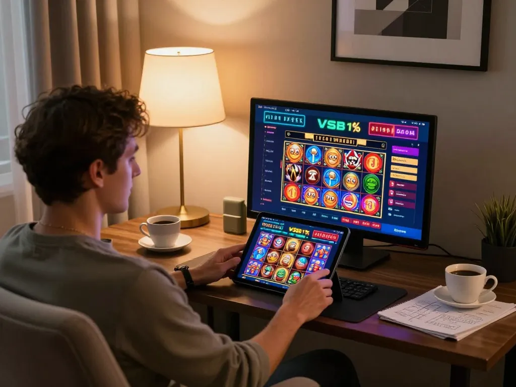 Player enjoying slot games on Vsbet tablet in a stylish home setup