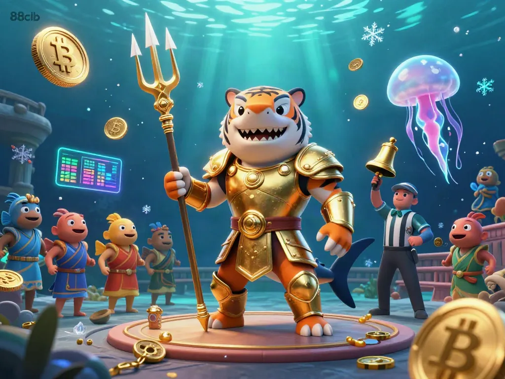 Engage with thrilling underwater casino action featuring 88clb in a vibrant scene of a gladiator shark amidst neon crypto elements.