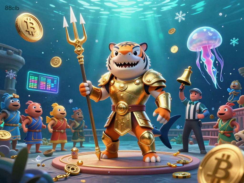 Engage with thrilling underwater casino action featuring 88clb in a vibrant scene of a gladiator shark amidst neon crypto elements.