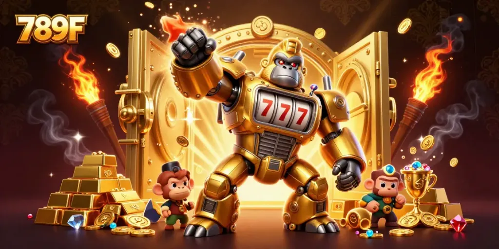 Experience thrilling gameplay with the exciting 789F golden gorilla mech in a vibrant casino scene.