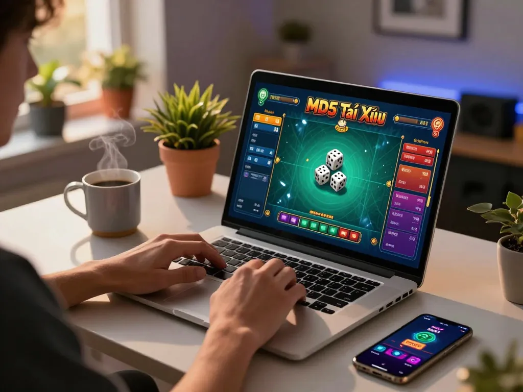 Player immersed in a game of md5 tài xỉu on a laptop at home, showcasing vibrant graphics and betting options.