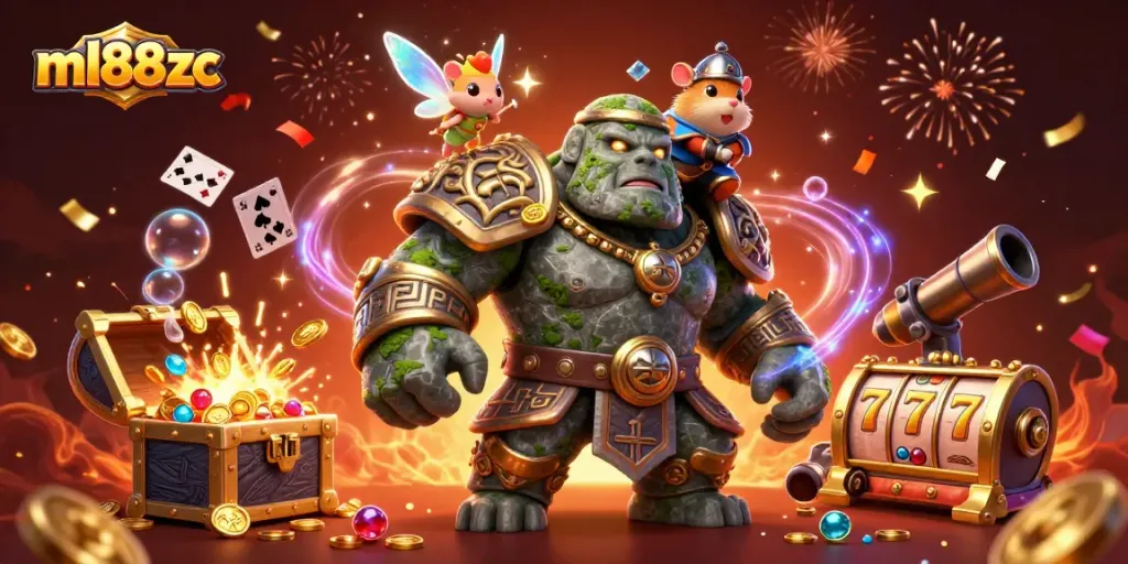 Experience excitement at ml88zc with a lively scene of a golem guardian and gaming elements.