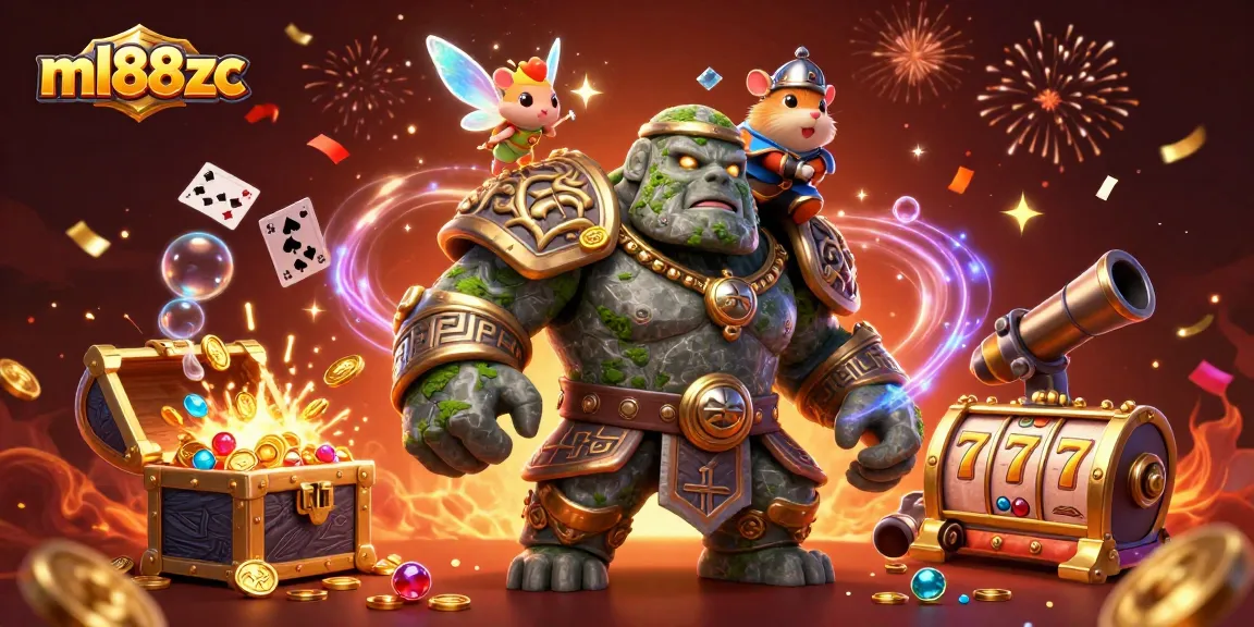 Experience excitement at ml88zc with a lively scene of a golem guardian and gaming elements.