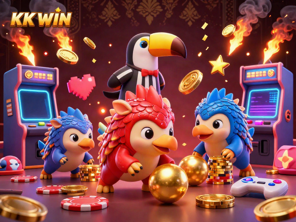Engage with KK WIN's vibrant 3D illustration featuring spirited pangolins competing amid a cascade of casino elements.