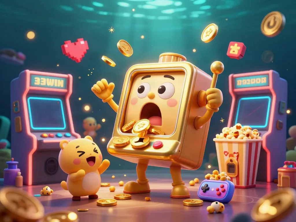 33WIN slot machine hitting a jackpot, surrounded by cheering baby slots and arcade elements.