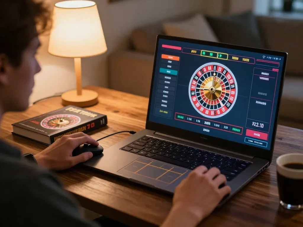 Player enjoying an intense okfun online roulette game in a cozy home setting, focused on placing a bet.