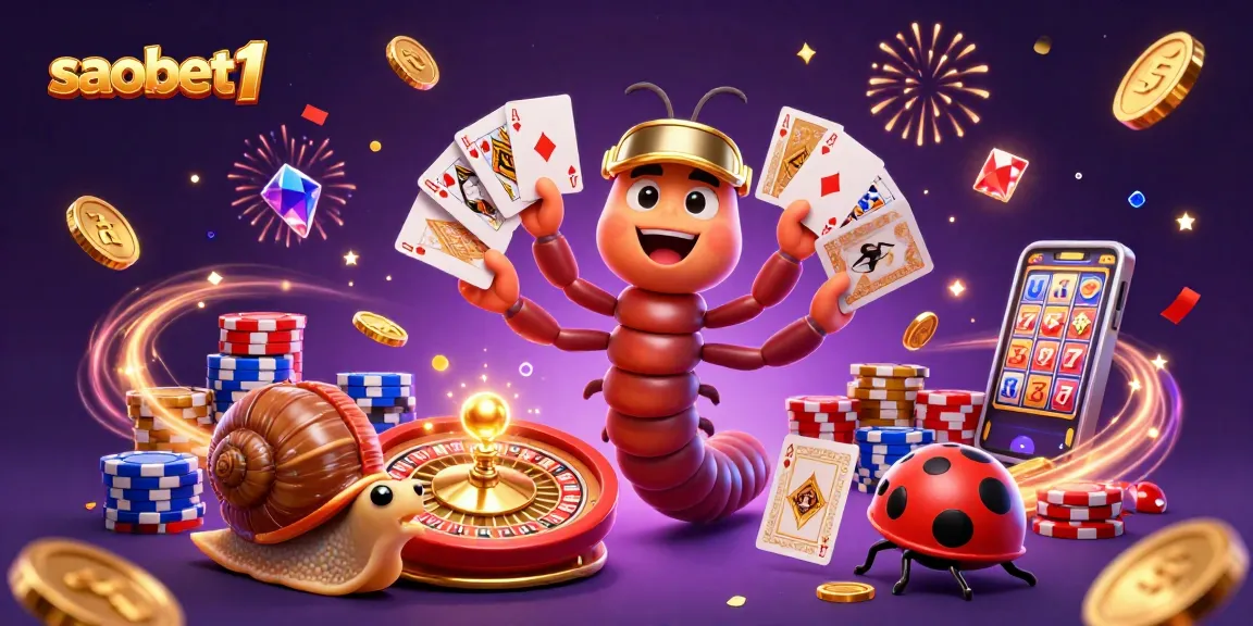 Engage with thrilling gaming action at saobet1 featuring a cartoon millipede dealer, high-stakes chip stacks, and sparkling gems.