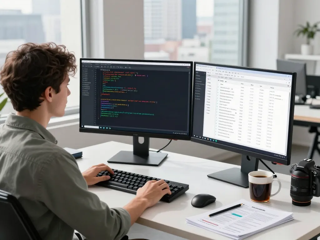 Software developer focusing on hbet code in a bright modern office with dual monitors and urban view.