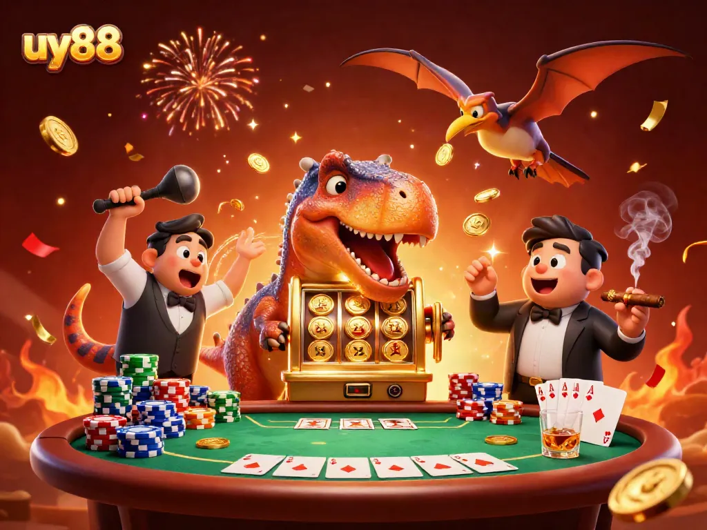 Experience excitement at uy88 with a dinosaur winning on a slot machine, showcasing thrilling gameplay.