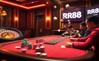 Intense players at RR88 poker table celebrating victories in an upscale casino setting.