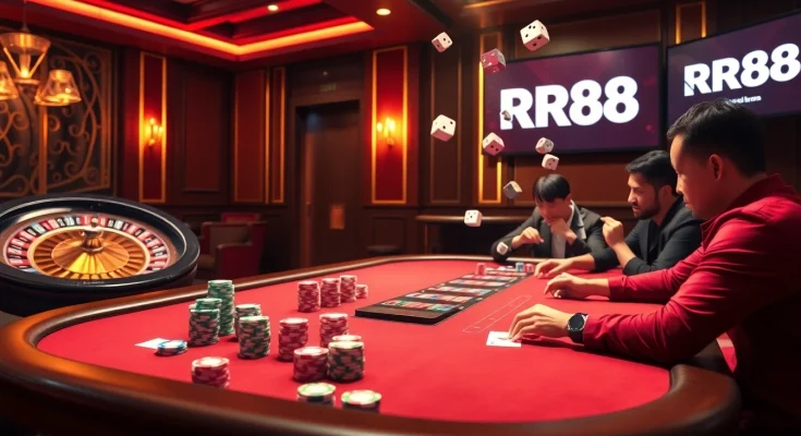 Intense players at RR88 poker table celebrating victories in an upscale casino setting.
