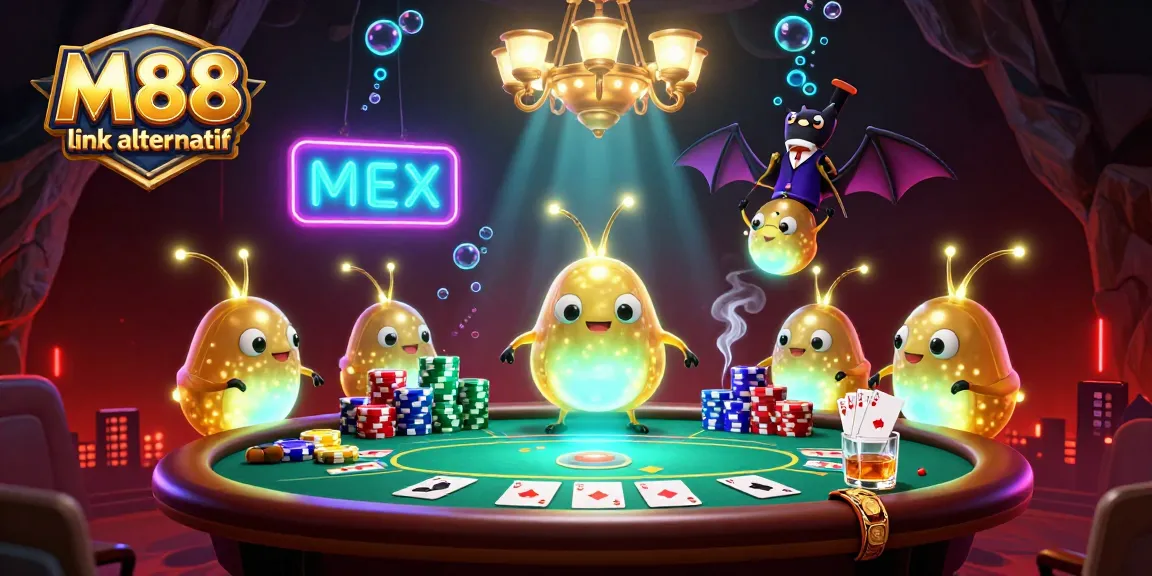 Bet on M88 link alternatif with a glowing casino scene brought to life by cartoon glowworms and a quirky bat dealer.