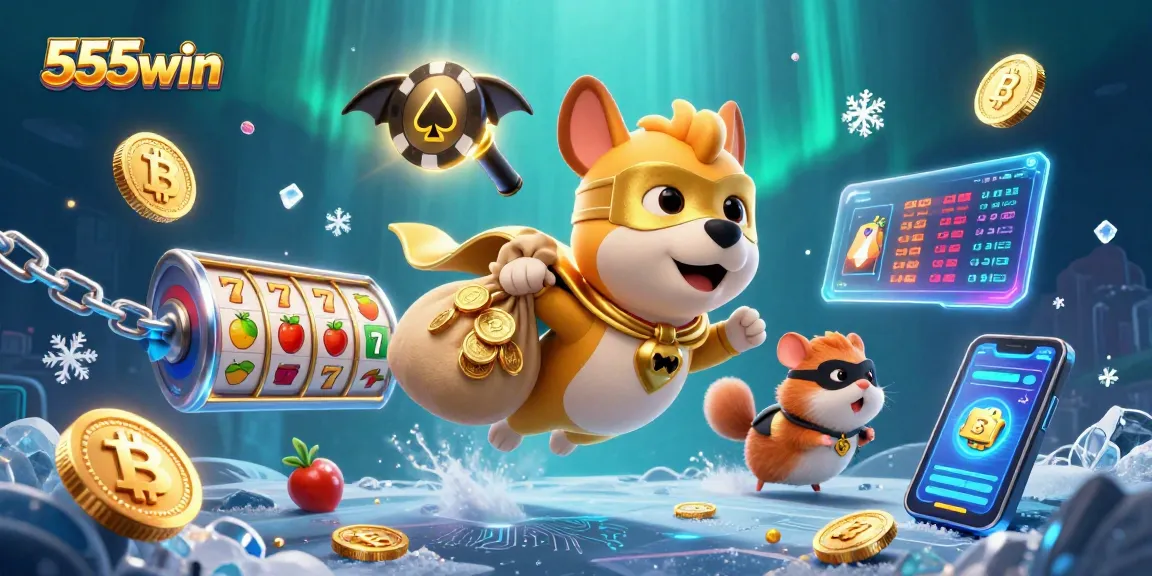 Experience thrilling jackpots with 555win in a vibrant 3D casino scene featuring animated characters and game elements.