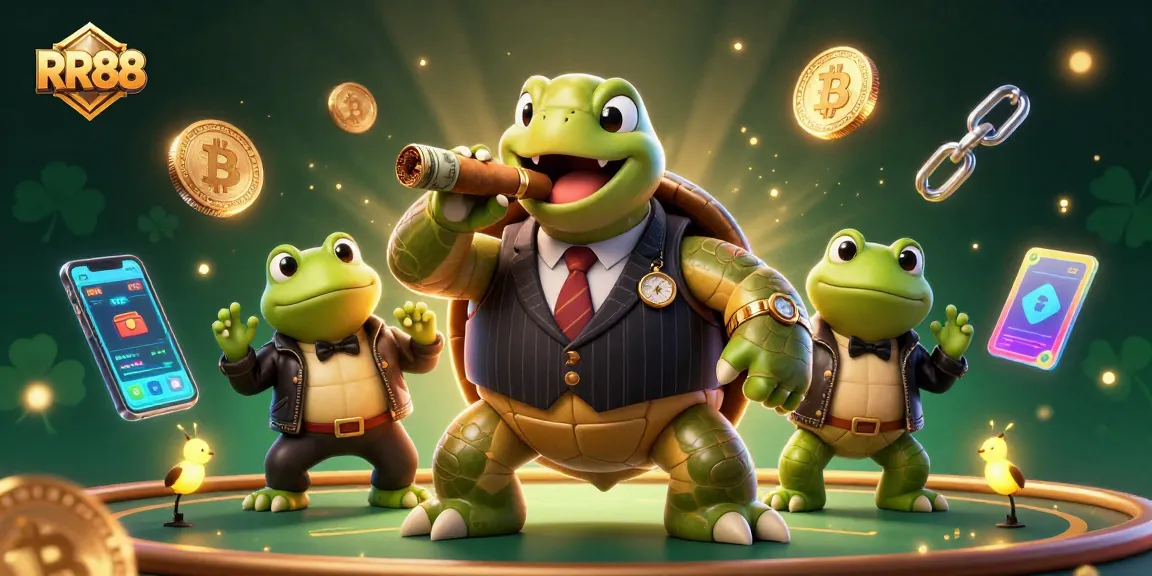 Engage with RR88's dynamic casino experience featuring a turtle mobster amidst crypto treasures and firefly lights.