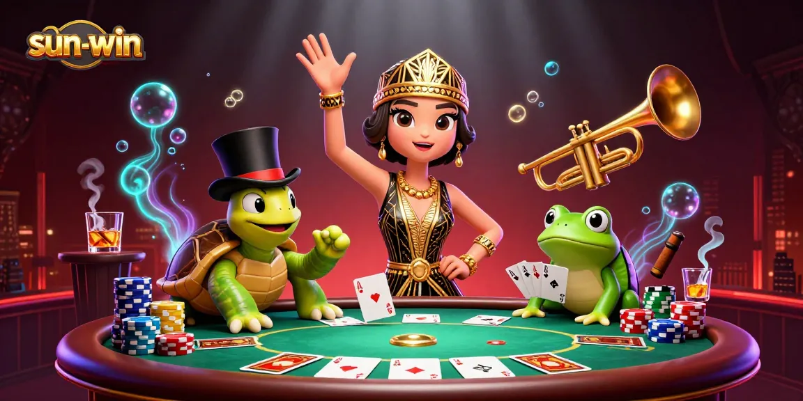 Experience the thrill of sun-win at a lively casino scene with poker chips and colorful characters.